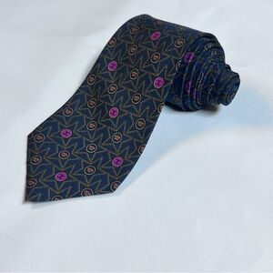 Vintage CHANEL Silk Necktie Navy Blue Crown & Pink CC Logo Pattern Authentic
